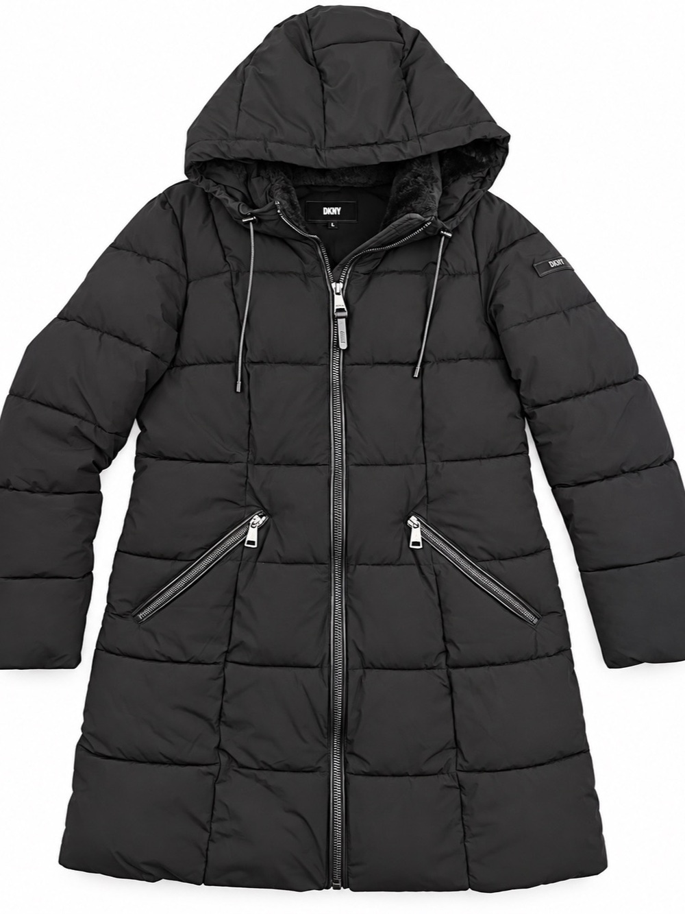 DKNY Womens Black Long Hooded Puffer Coat Faux Fur Lined Winter Jacket Size M